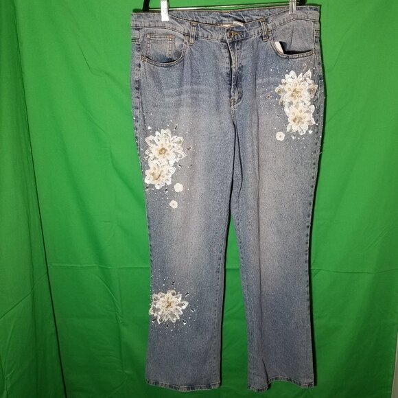 DG2 by Diane Gilman Denim - DG2 Size 16 Blue Embellished Beads Sequins Gems Embroidered Floral Jeans